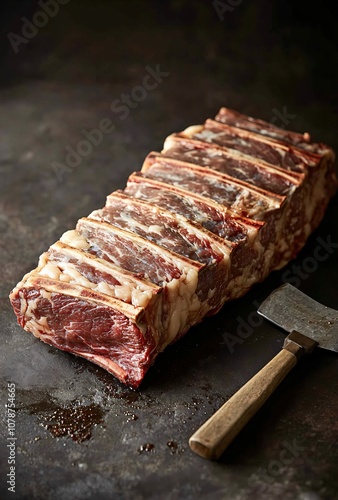 Giant Marbled Beef Rib with Cleaver on Dark Table