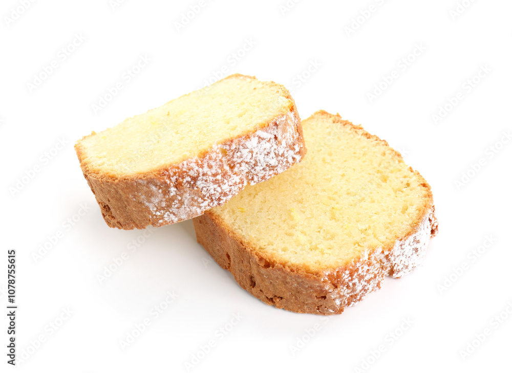 Slices of freshly baked sponge cake isolated on white Slices of freshly baked sponge cake isolated on white