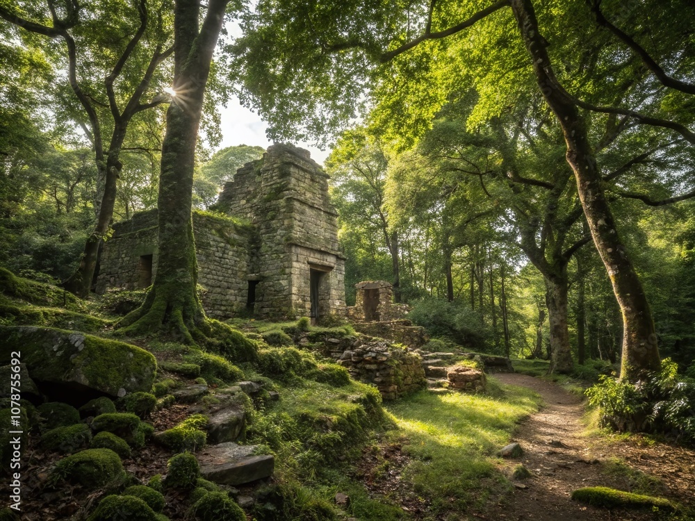 Enigmatic Portrait of Old Stone Ruins Nestled in Lush Woods, Capturing Nature's Embrace and the Passage of Time in a Serene Forest Setting Enigmatic Portrait of Old Stone Ruins Nestled in Lush Woods, Capturing Nature's Embrace and the Passage of Time in a Serene Forest Setting