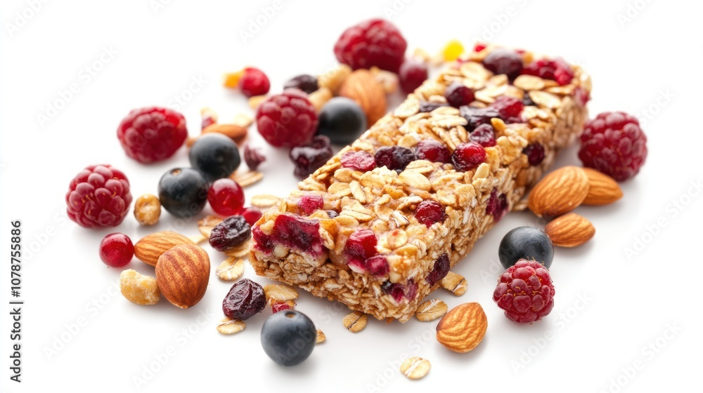A nutritious granola bar surrounded by fresh berries and almonds, ideal for healthy snacking. A nutritious granola bar surrounded by fresh berries and almonds, ideal for healthy snacking.
