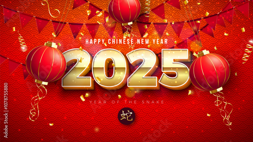 Happy Chinese New Year 2025 Banner with 3d Gold Number, Paper Lantern and Party Flag on Red Scaly Pattern Background. Lunar New Year Traditional Design with Chinese Language Snake Zodiac Symbol for