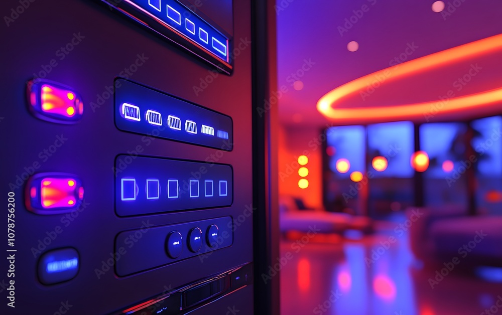 A modern control panel with illuminated buttons in a stylish interior setting. A modern control panel with illuminated buttons in a stylish interior setting.