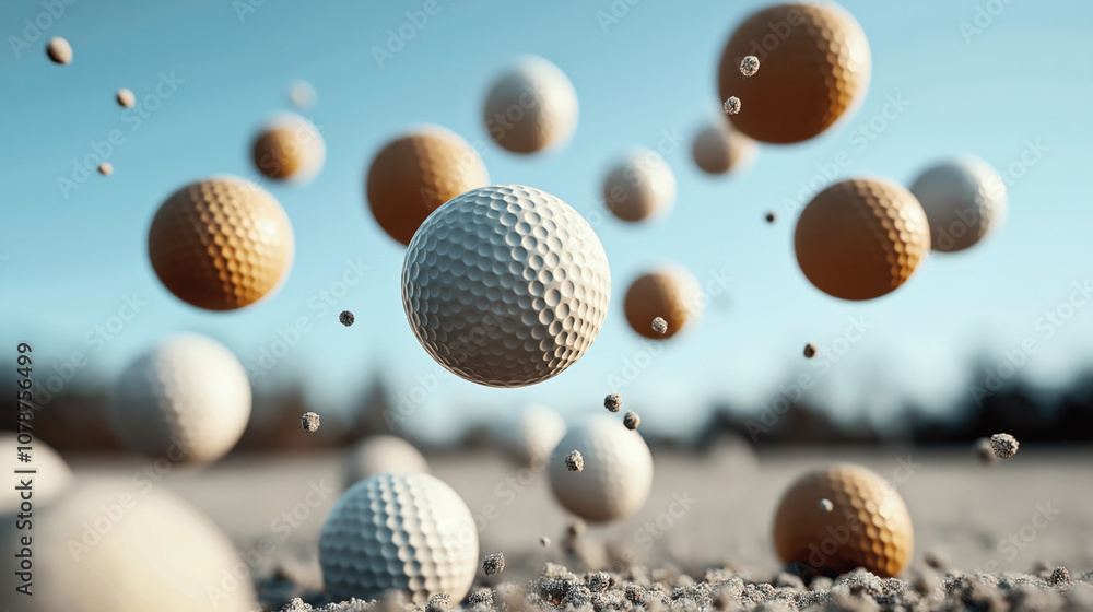 Close-up of multiple golf balls, both white and brown, floating in air above a sandy surface, with a blurred background and clear blue sky. Close-up of multiple golf balls, both white and brown, floating in air above a sandy surface, with a blurred background and clear blue sky.
