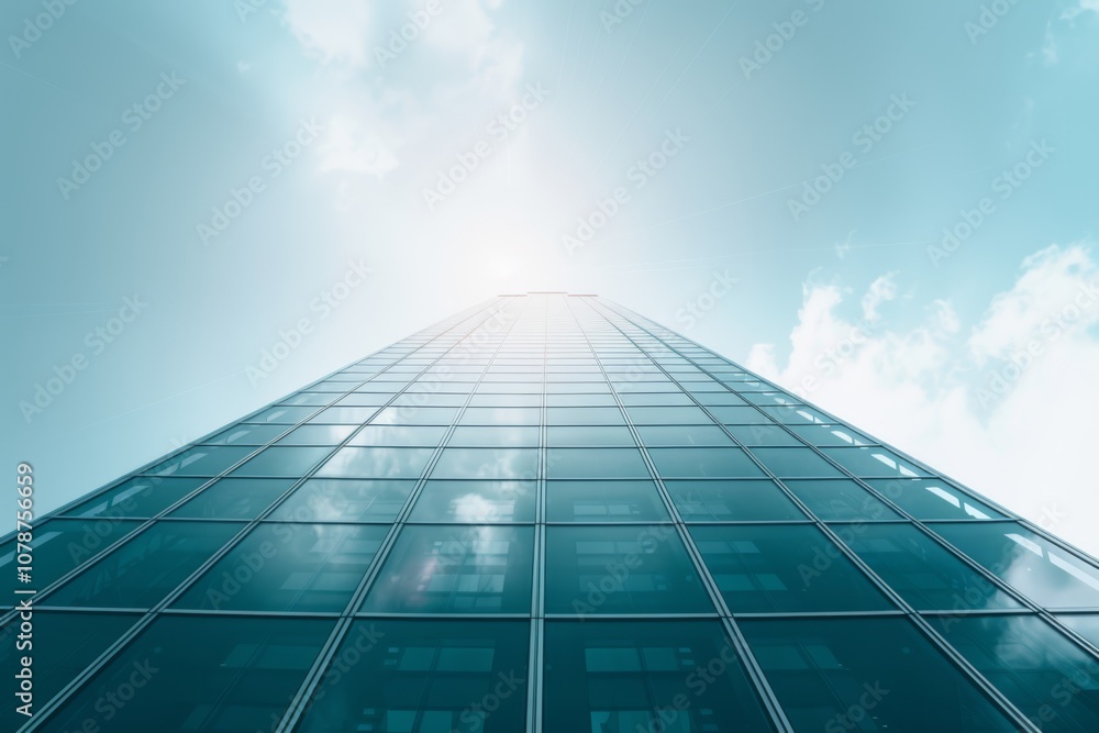 Modern Skyscraper with Glass Windows Against Blue Sky Modern Skyscraper with Glass Windows Against Blue Sky