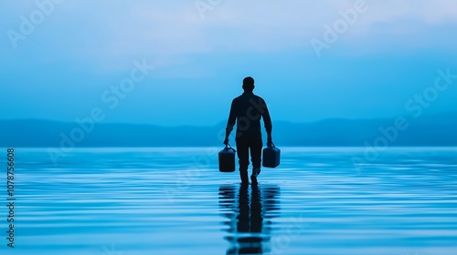 Lone figure walking through chestdeep water, carrying supplies, soft backlight creating a silhouette photo