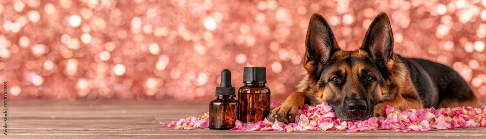 A German Shepherd rests among pink petals with essential oil bottles, creating a serene and stylish atmosphere for pet care. A German Shepherd rests among pink petals with essential oil bottles, creating a serene and stylish atmosphere for pet care.