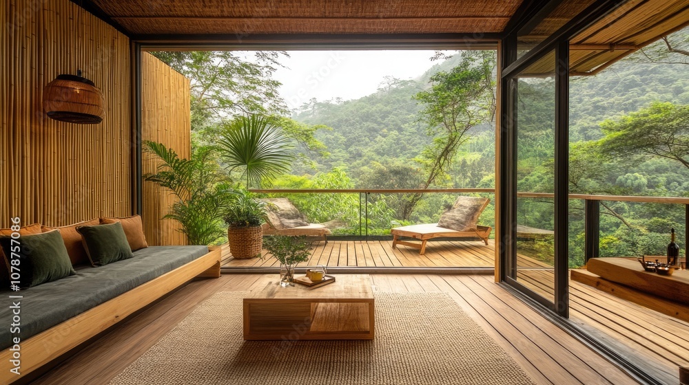 Spacious terrace with a forest landscape view. Natural materials in an eco-friendly hotel room design, embracing nature and outdoor connection. Spacious terrace with a forest landscape view. Natural materials in an eco-friendly hotel room design, embracing nature and outdoor connection.