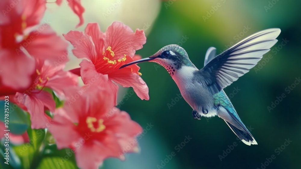 Naklejka premium Hummingbird in Flight, Feeding on Red Flower