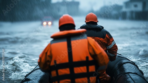 Rescue workers pulling a boat through floodwaters, rain pouring down, dramatic lighting capturing the urgency photo