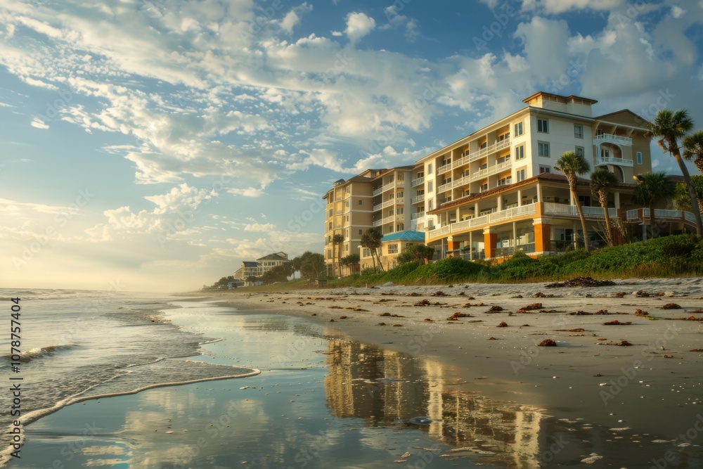Fototapeta premium Beachfront Hotel with Coastal Architecture at Sunset