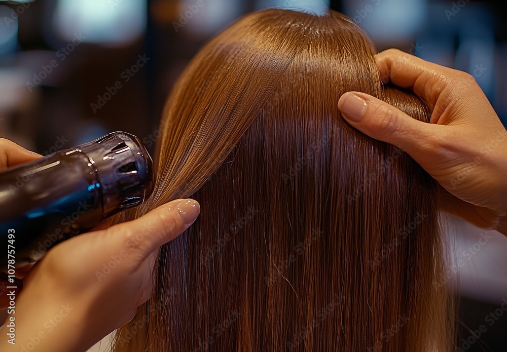 Naklejka premium Hairdresser Drying Long Brown Hair with Blow Dryer