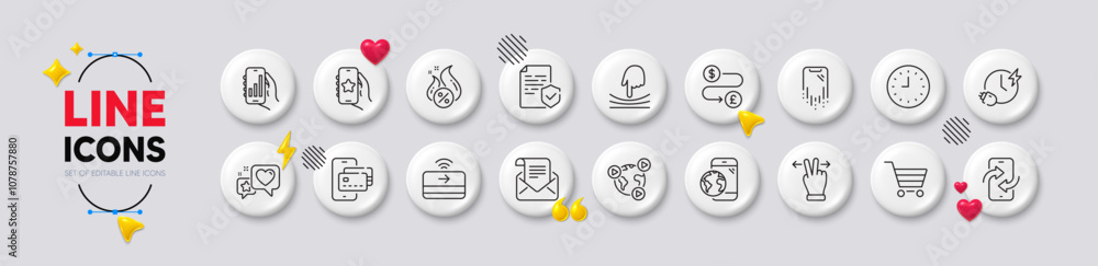 Certificate, Charging time and Elastic line icons. White buttons 3d icons. Pack of Mobile internet, Hot loan, Touchscreen gesture icon. Clock, Favorite app, Phone transfer pictogram. Vector Certificate, Charging time and Elastic line icons. White buttons 3d icons. Pack of Mobile internet, Hot loan, Touchscreen gesture icon. Clock, Favorite app, Phone transfer pictogram. Vector