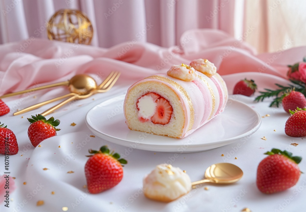Japanese Strawberry Roll Cake with Cream & Gold Accents Japanese Strawberry Roll Cake with Cream & Gold Accents