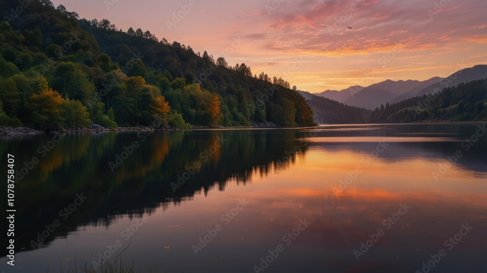 A tranquil lake with a mountain range reflected in the water at sunset. A tranquil lake with a mountain range reflected in the water at sunset.