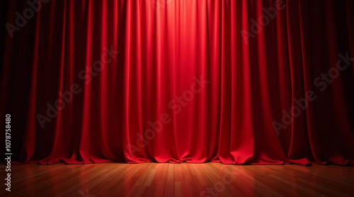 Spotlight shines on a red curtain above a wooden floor.