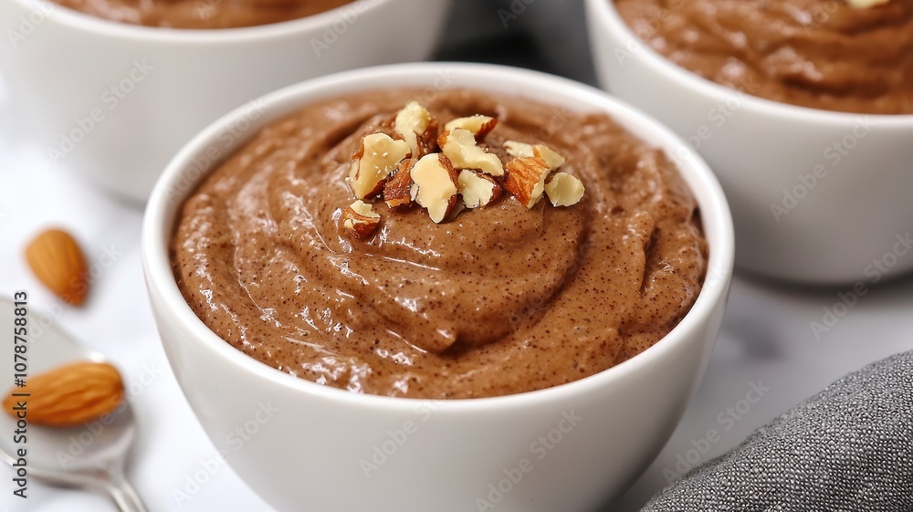 A creamy, nutty dessert presented in white bowls, topped with chopped almonds, perfect for a healthy indulgence. A creamy, nutty dessert presented in white bowls, topped with chopped almonds, perfect for a healthy indulgence.