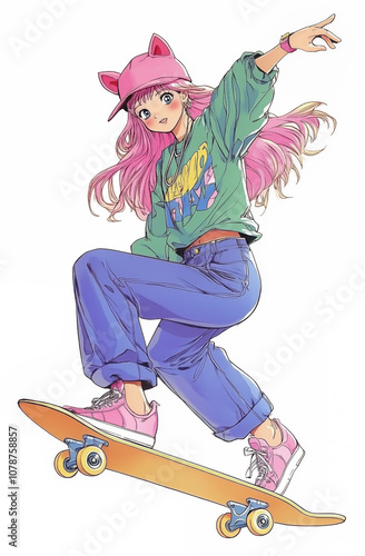 Anime style character illustartion. Cute girl with skateboard, isolated on wgite background. Bright colors, anime fan art photo