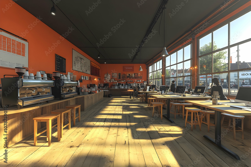 Fototapeta premium Modern coffee shop interior with wooden furniture and large windows.