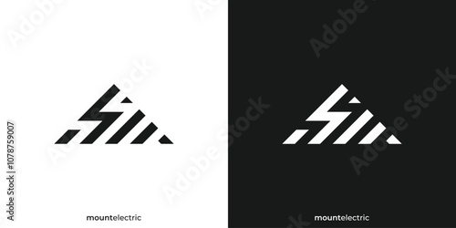 Abstract Mountain Electric Logo. Mountain, Summit, Peak, Hill and Lightning Icon Graphic. Geometric Mount Logo, Icon, Symbol, Vector, Design Inspiration.