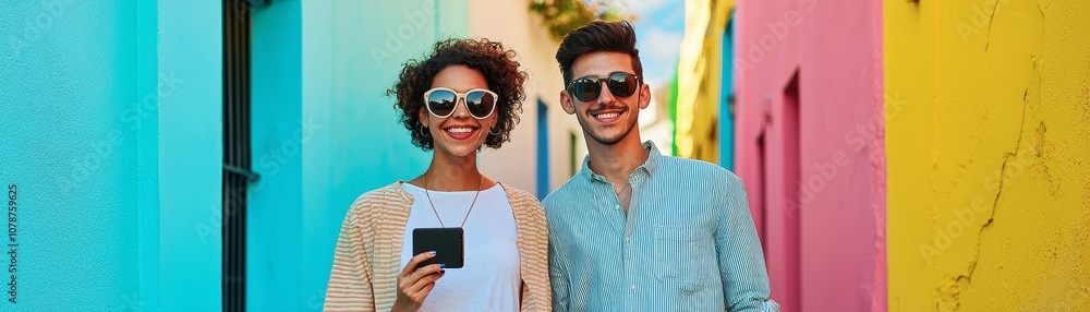 A vibrant street scene featuring two cheerful individuals wearing sunglasses, smiling and posing against colorful, painted walls. A vibrant street scene featuring two cheerful individuals wearing sunglasses, smiling and posing against colorful, painted walls.