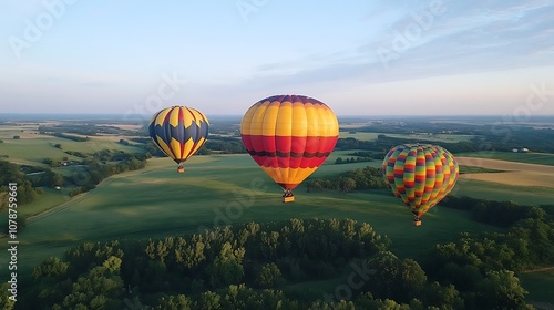 Brightly colored hot air balloons floating above a scenic countryside