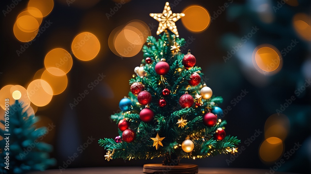 Festive mini Christmas tree adorned with red, blue, and gold ornaments and topped with a glowing star, surrounded by warm bokeh lights for a cozy holiday feel. Festive mini Christmas tree adorned with red, blue, and gold ornaments and topped with a glowing star, surrounded by warm bokeh lights for a cozy holiday feel.