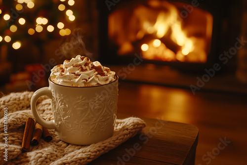 Cozy warm drink by the fireplace during the holiday season with festive lights in the background