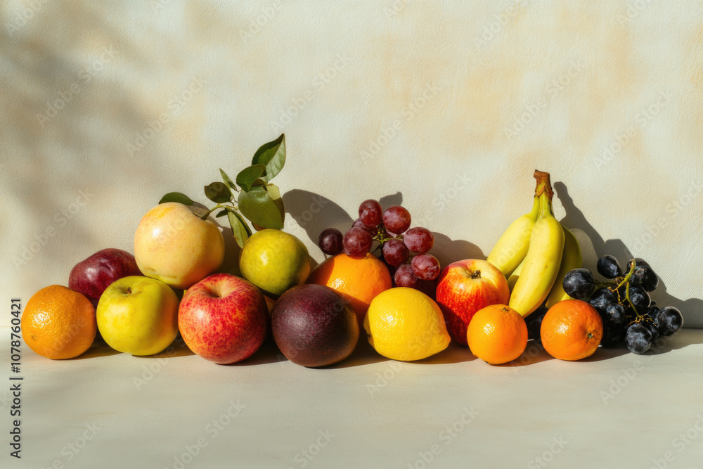 An eye-catching assortment of vibrant fruits, such as apples, bananas, and grapes, elegantly displayed against a soft background to emphasize health and freshness. An eye-catching assortment of vibrant fruits, such as apples, bananas, and grapes, elegantly displayed against a soft background to emphasize health and freshness.