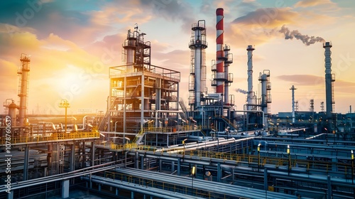 Industrial facility at sunset with smoke rising from chimneys and pipes in foreground and background