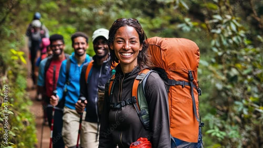 A group of hikers are hiking in the forest. There was a woman smiling and holding a large orange backpack. A group of hikers are hiking in the forest. There was a woman smiling and holding a large orange backpack.