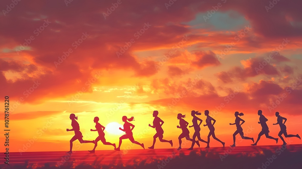 group of runners sprinting down track during stunning sunset, showcasing determination and energy against vibrant sky group of runners sprinting down track during stunning sunset, showcasing determination and energy against vibrant sky
