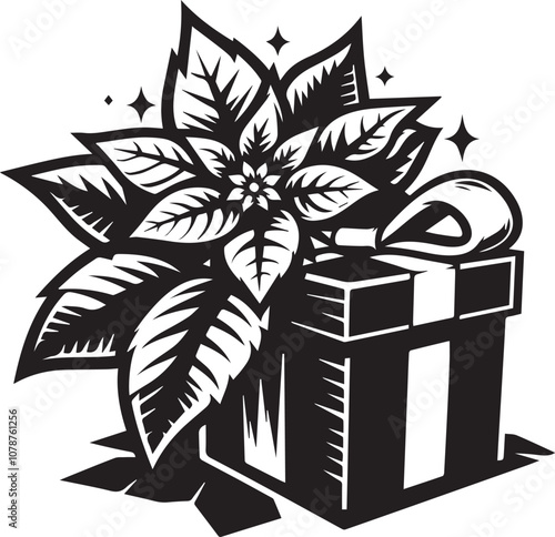 Festive Poinsettia and Gift: A Christmas Delight. A striking black and white illustration of a potted poinsettia plant alongside a neatly wrapped gift box, evoking the spirit of Christmas.