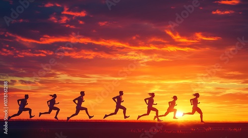 group of runners sprinting down track during stunning sunset, showcasing determination and energy against vibrant sky