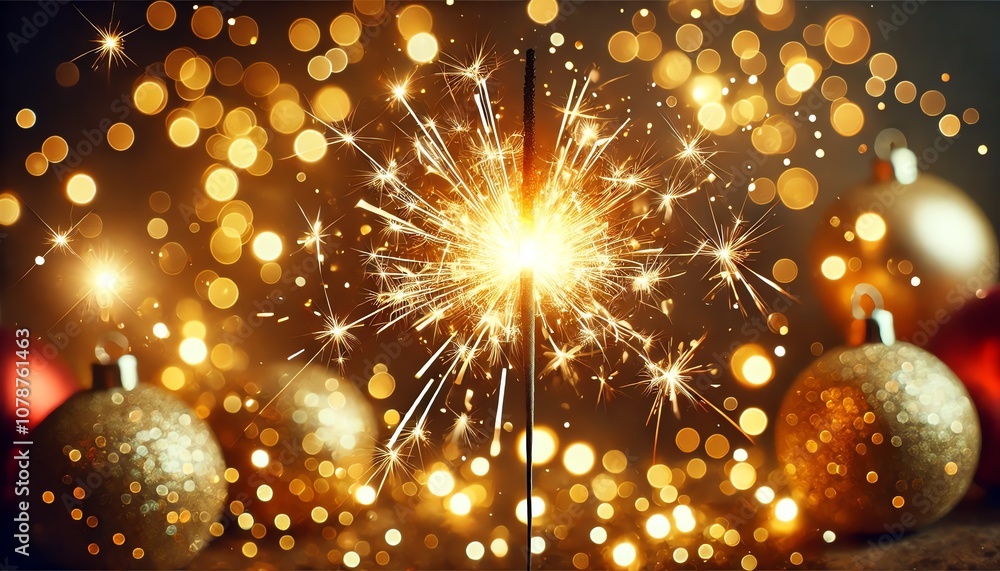 Fototapeta premium A festive close-up of a lit sparkler emitting bright, golden sparks, creating a radiant and intensified glow against a softly blurred background