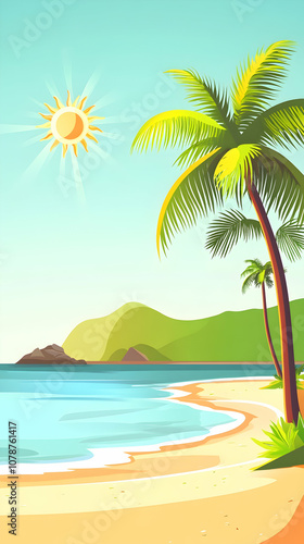 Sunny beach scene with palm trees and clear water.