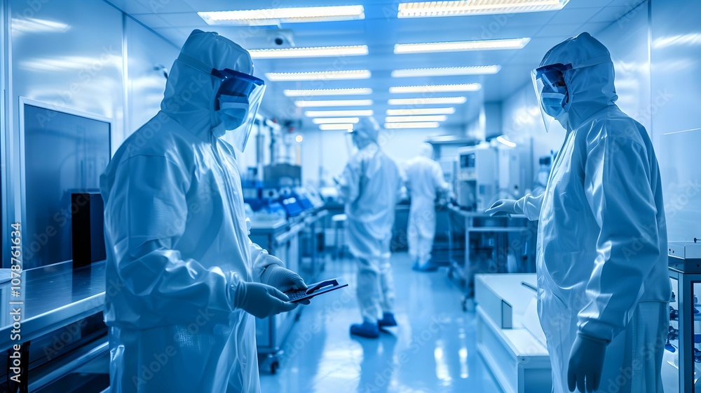 Scientists in protective suits working on research in a high-tech laboratory environment Scientists in protective suits working on research in a high-tech laboratory environment