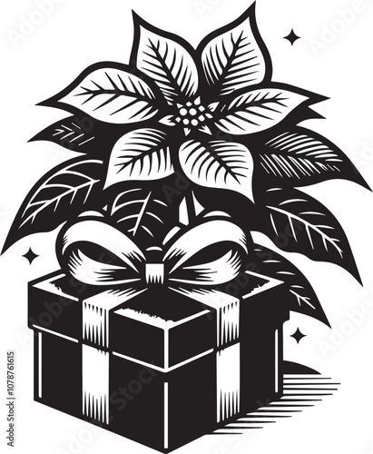 Festive Poinsettia and Gift: A Christmas Delight. A striking black and white illustration of a potted poinsettia plant alongside a neatly wrapped gift box, evoking the spirit of Christmas.