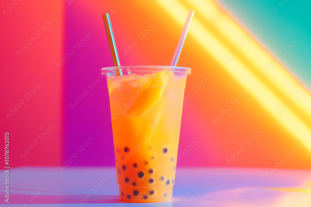 Colorful beverage with tapioca pearls served in clear cup against vibrant background Colorful beverage with tapioca pearls served in clear cup against vibrant background