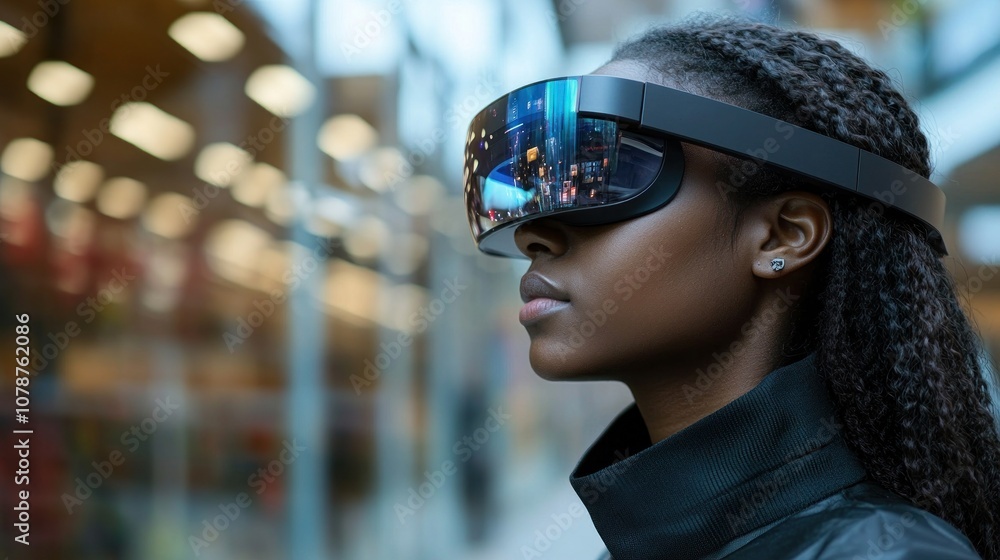 Woman in VR Headset Looking at Virtual Reality Woman in VR Headset Looking at Virtual Reality
