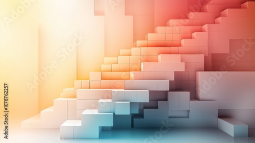 Abstract geometric staircase composed of blocks with a vibrant gradient background, symbolizing progression, creativity, and modern architectural design concepts in a digital art style.