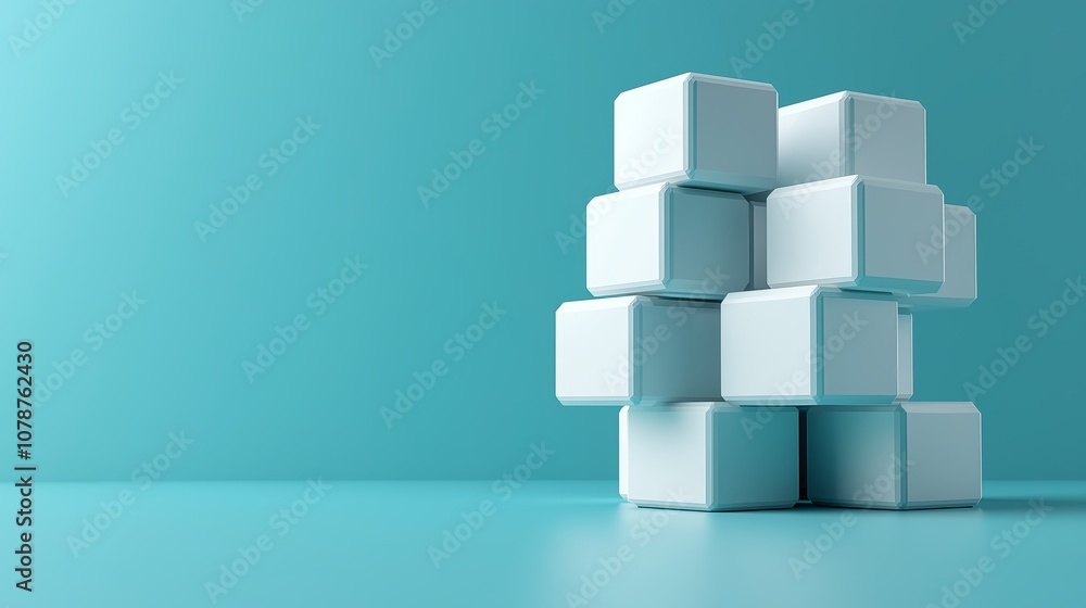 Aesthetic Composition of White Cubes Stacked on a Vibrant Turquoise Background with Soft Lighting Creating a Minimalistic and Modern Visual Appeal Aesthetic Composition of White Cubes Stacked on a Vibrant Turquoise Background with Soft Lighting Creating a Minimalistic and Modern Visual Appeal