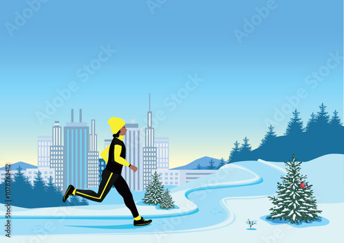 Young woman running in winter city park. Sports and recreation. Healthy lifestyle. Flat vector illustration.