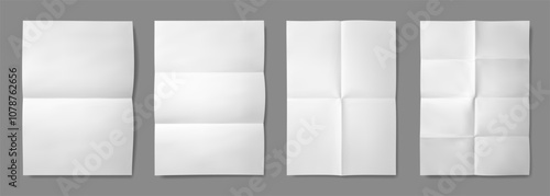 Realistic white folded posters, blank paper sheets with creases. Empty wrinkled A4 document page template, leaflet or letter mockup with folds vector set