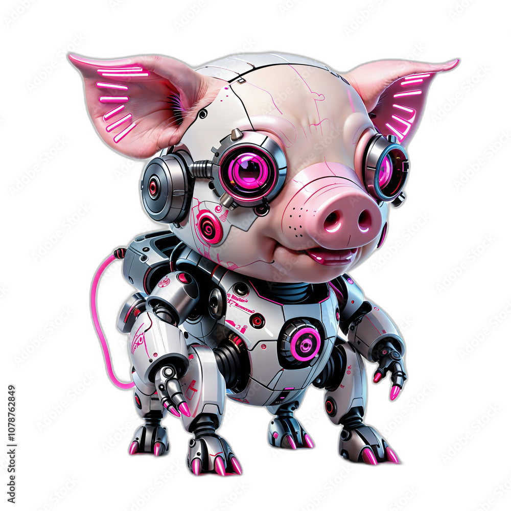 A playful, full-body chibi-style cyberpunk pig isolated on transparency background. A playful, full-body chibi-style cyberpunk pig isolated on transparency background.