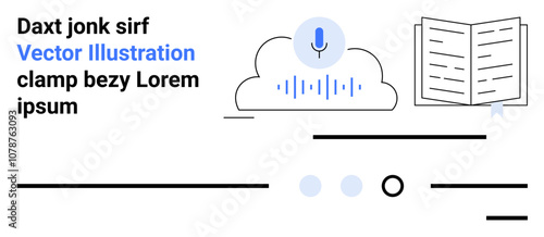 Cloud with microphone icon for audio transcription, open book, and abstract lines. Ideal for data storage, voice recognition, digital learning, tech platforms, online services, creative projects