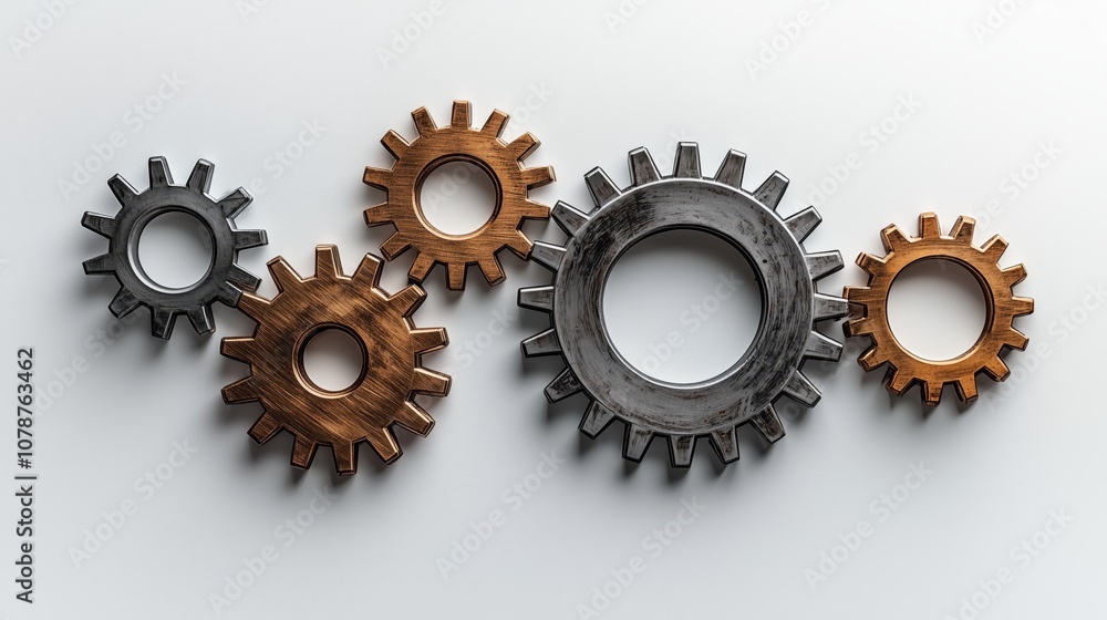 Collection of Metal Gears in Different Sizes and Colors Arranged on a Light Background Representing Mechanics, Engineering, and Industrial Design Concepts Collection of Metal Gears in Different Sizes and Colors Arranged on a Light Background Representing Mechanics, Engineering, and Industrial Design Concepts