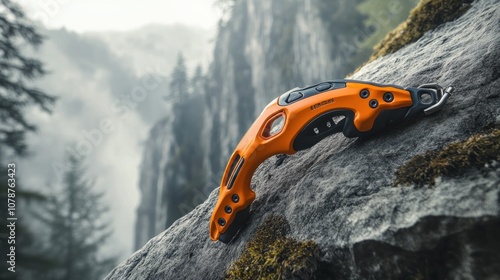 Orange Climbing Tool on a Rock photo