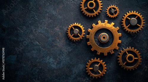 Intricate Arrangement of Vintage Cogs and Gears on a Dark Textured Background, Symbolizing Mechanism, Engineering, and Industrial Design Aesthetics