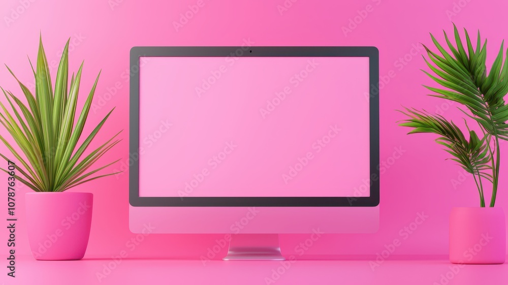 A vibrant pink workspace featuring a blank computer screen alongside two green potted plants, creating a fresh and modern aesthetic. A vibrant pink workspace featuring a blank computer screen alongside two green potted plants, creating a fresh and modern aesthetic.