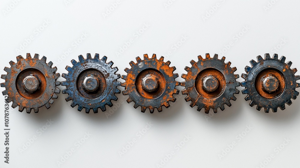 Collection of Rusty Metal Gears in a Row on a Clean White Background Displaying Industrial Machinery Elements for Creative Projects Collection of Rusty Metal Gears in a Row on a Clean White Background Displaying Industrial Machinery Elements for Creative Projects
